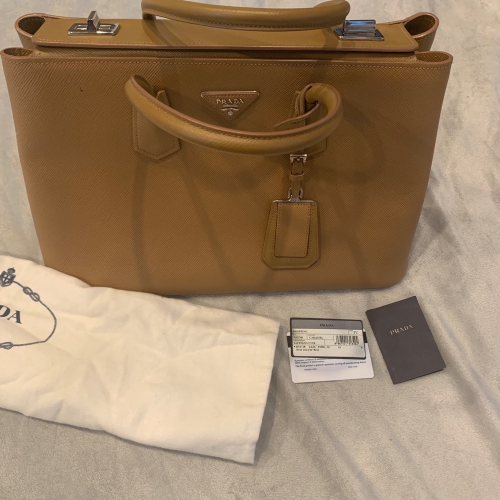 Authentic Prada caramel saffiano cuir twin tote